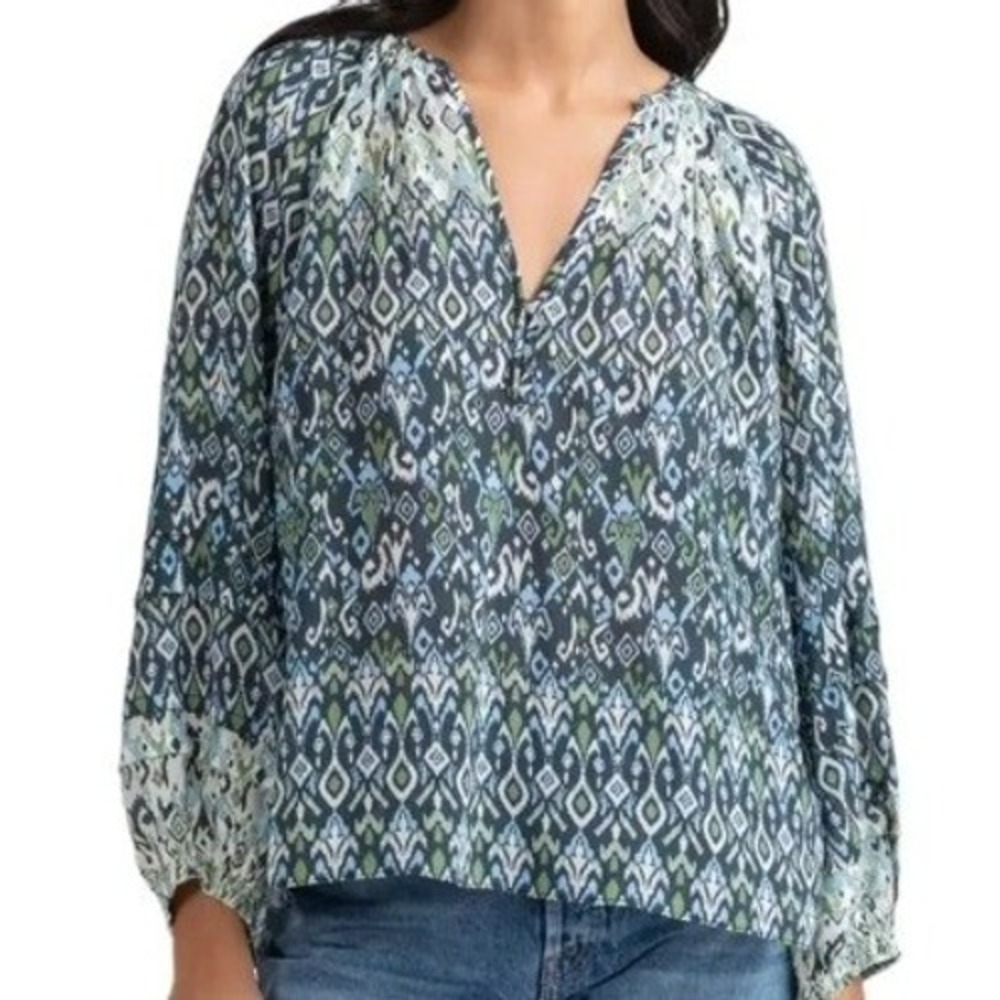 Shoshanna Mirza Blouse Blue Green Ikat Print V Neck Tiered Sleeve Boho Top S